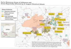 Mapa proporcionado por la Administración Obama, donde se señalan las zonas supuestamente atacadas con armas químicas por el ejército sirio. http://www.guerraeterna.com